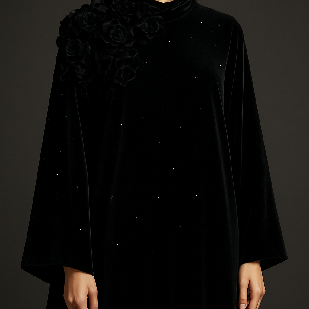 The Velvet Midnight Bloom Abaya
Tone: Deep velvet black
Fabric: Heavy velvet–crepe blend
Design:
A dense cluster of 3D velvet flowers around the neckline flowing softly across one sleeve.
Embellishment:
Black Swarovski stones scattered like stars.
Vibe:
Royal, powerful, and irresistibly classy.
The Velvet Midnight Bloom Abaya
Tone: Deep velvet black
Fabric: Heavy velvet–crepe blend
Design:
A dense cluster of 3D velvet flowers around the neckline flowing softly across one sleeve.
Embellishment:
Black Swarovski stones scattered like stars.
Vibe:
Royal, powerful, and irresistibly classy.