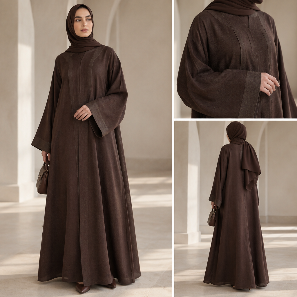 A Female fashion design. اريدك تصمم لي عباية بهذا القماش . تكون عملية. Design with modest coverage. Present it as professional fashion catalogue photography: the garment is the subject, shown full-length with editorial styling, neutral posing and tasteful, non-suggestive framing.
photorealistic fashion design, A Female fashion design. اريدك تصمم لي عباية بهذا القماش . تكون عملية. Design with modest coverage. Present it as professional fashion catalogue photography: the garment is the subject, shown full-length with editorial styling, neutral posing and tasteful, non-suggestive framing., just the design no text