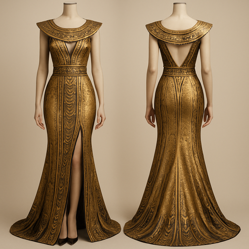 Pharaonic heritage evening dress, two shoulder with tail , fishtail cut, with a slit to the knee