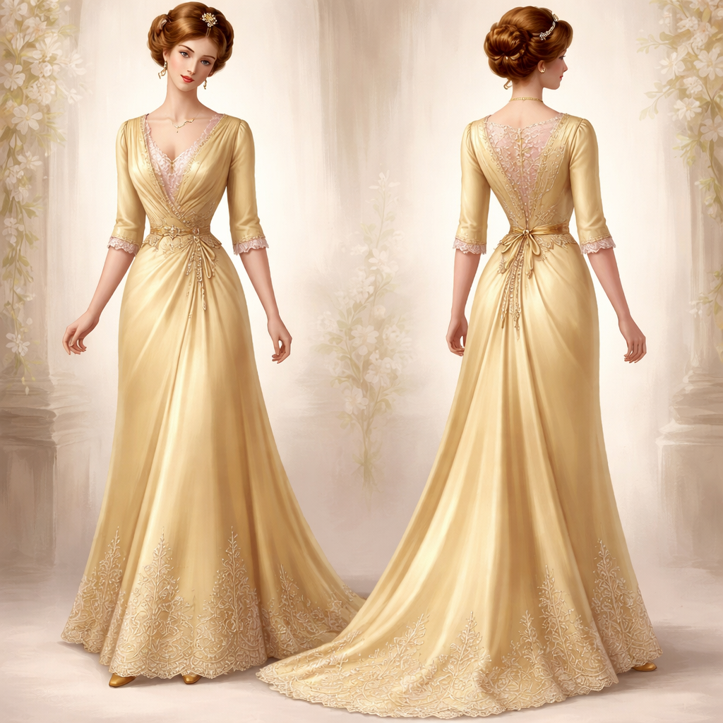 this 1900-inspired look can be described as an Edwardian-era silk tea gown. The design centers on a slender, elongated silhouette that moves away from the dramatic puffs of the late Victorian era toward a more refined, fluid aesthetic.
Core Design Elements
Fabric & Color: The gown is constructed from a lightweight canary or pale yellow silk satin. The finish should be lustrous but soft, allowing for the characteristic drape of the early 20th century.
Neckline & Layering: The primary garment features a deep V-neckline, which was a common detail for day and afternoon bodices of the period. This opens to reveal a soft pink silk or lace chemisette (under-top). The pink should serve as a delicate contrast, visible only at the neck and potentially at the wrists as a "peek-a-boo" detail.
Sleeve Construction: The sleeves are three-quarter length and cut slim to the arm, purposefully avoiding the "puffy" or leg-o-mutton styles of the 1890s. They should terminate just below the elbow, possibly finished with a thin band of the same pink silk from the under-top.
Silhouette Details:
Pigeon Breast Bodice: A slight "blousing" or fullness at the front of the yellow silk bodice, hanging gently over a defined waistline to create the iconic early 1900s "S-bend" or pigeon-breast look.
Skirt: A floor-length, bell-shaped or gored skirt that fits smoothly over the hips and flares toward the hem, maintaining a streamlined profile that prioritizes "intellectual refinement" over excessive volume.
this 1900-inspired look can be described as an Edwardian-era silk tea gown. The design centers on a slender, elongated silhouette that moves away from the dramatic puffs of the late Victorian era toward a more refined, fluid aesthetic.
Core Design Elements
Fabric & Color: The gown is constructed from a lightweight canary or pale yellow silk satin. The finish should be lustrous but soft, allowing for the characteristic drape of the early 20th century.
Neckline & Layering: The primary garment features a deep V-neckline, which was a common detail for day and afternoon bodices of the period. This opens to reveal a soft pink silk or lace chemisette (under-top). The pink should serve as a delicate contrast, visible only at the neck and potentially at the wrists as a "peek-a-boo" detail.
Sleeve Construction: The sleeves are three-quarter length and cut slim to the arm, purposefully avoiding the "puffy" or leg-o-mutton styles of the 1890s. They should terminate just below the elbow, possibly finished with a thin band of the same pink silk from the under-top.
Silhouette Details:
Pigeon Breast Bodice: A slight "blousing" or fullness at the front of the yellow silk bodice, hanging gently over a defined waistline to create the iconic early 1900s "S-bend" or pigeon-breast look.
Skirt: A floor-length, bell-shaped or gored skirt that fits smoothly over the hips and flares toward the hem, maintaining a streamlined profile that prioritizes "intellectual refinement" over excessive volume., show front and back
