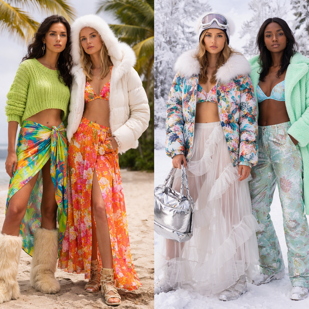 Off-Season
As we experience unpredictable and extreme weather, year-around styles continue to be a key focus but we will also see more radical seasonal contrasts coexisting and influencing each other.
Design strategies
Present S/S and A/W stories simultaneously in smaller, more focused and agile collections tailored to shifting consumer needs – including the increasing number of people travelling during shoulder months (All At Sea)
Aesthetically, this translates into a striking fusion of opposites – unexpected fabric mixes, surprising layering, Winter shapes in Summer hues and materials. Think bright sarongs paired with cosy outerwear, tropical prints for skiwear, as seen at Farm Rio (Brazil) and #TextureBlocking, blending Faux Fur and Snowy Textures with transparencies
Shifting weather patterns are also reshaping soil and cultural habits, creating new terroirs and tastes. Sicily, for example, is growing tropical fruits (National Geographic). Explore how these juxtapositions inspire unexpected pairings for pattern and colour, from frosted florals in full bloom to palm trees dusted with snow
Ones to watch: A. A. Spectrum (China)’s latest range is inspired by unpredictable weather patterns, with items that adapt to extreme heat, floods and unseasonably cold Summers
Relevant for: dresses, separates, outerwear, travelwear
Off-Season
As we experience unpredictable and extreme weather, year-around styles continue to be a key focus but we will also see more radical seasonal contrasts coexisting and influencing each other.
Design strategies
Present S/S and A/W stories simultaneously in smaller, more focused and agile collections tailored to shifting consumer needs – including the increasing number of people travelling during shoulder months (All At Sea)
Aesthetically, this translates into a striking fusion of opposites – unexpected fabric mixes, surprising layering, Winter shapes in Summer hues and materials. Think bright sarongs paired with cosy outerwear, tropical prints for skiwear, as seen at Farm Rio (Brazil) and #TextureBlocking, blending Faux Fur and Snowy Textures with transparencies
Shifting weather patterns are also reshaping soil and cultural habits, creating new terroirs and tastes. Sicily, for example, is growing tropical fruits (National Geographic). Explore how these juxtapositions inspire unexpected pairings for pattern and colour, from frosted florals in full bloom to palm trees dusted with snow
Ones to watch: A. A. Spectrum (China)’s latest range is inspired by unpredictable weather patterns, with items that adapt to extreme heat, floods and unseasonably cold Summers
Relevant for: dresses, separates, outerwear, travelwear, show front and back