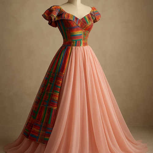 Create a one of a kind wedding dress using colorful aso oke and a pink chiffon fabric, that will look unique, graceful, And attractive.