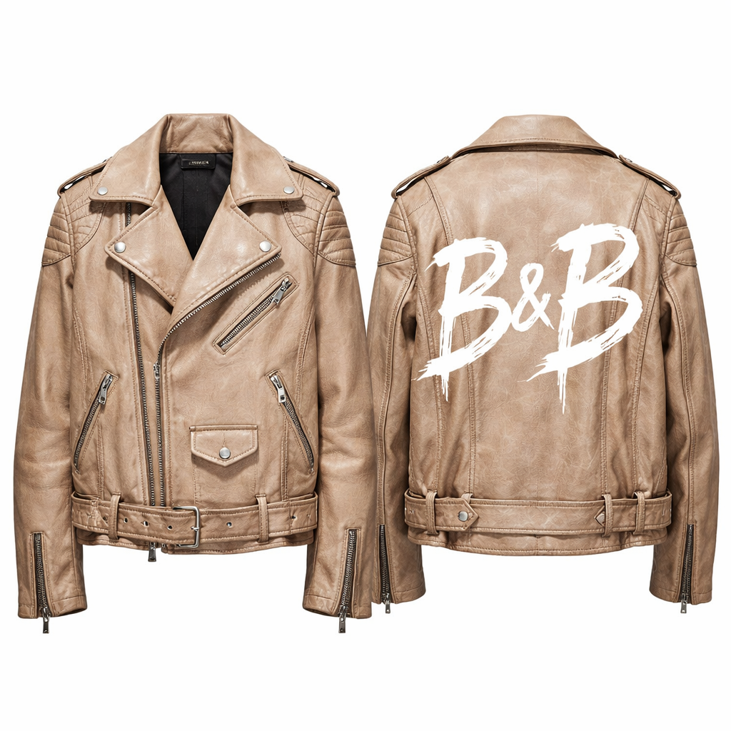 One jacket leather biker unisex cool vintage oversized with B&B written on the back signature style in nude tone with white writing
One jacket leather biker unisex cool vintage oversized with B&B written on the back signature style in nude tone with white writing
, edgy style, show front and back