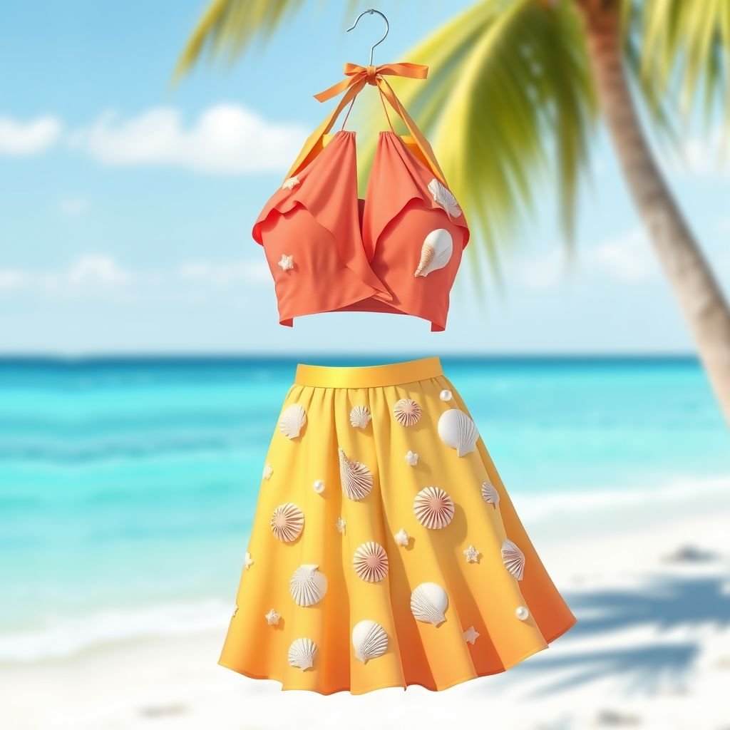 Tropical dress with couple seashells as decoration with a pearls probably two piece top and skirt summery colours
Design a playful tropical ensemble featuring a two-piece outfit with a halter neck top and a flared skirt in vibrant summery hues of coral, aqua, and sunny yellow. Adorn the fabric with whimsical seashell appliqués and shimmering pearls, evoking a breezy beach vibe perfect for sun-soaked summer outings.