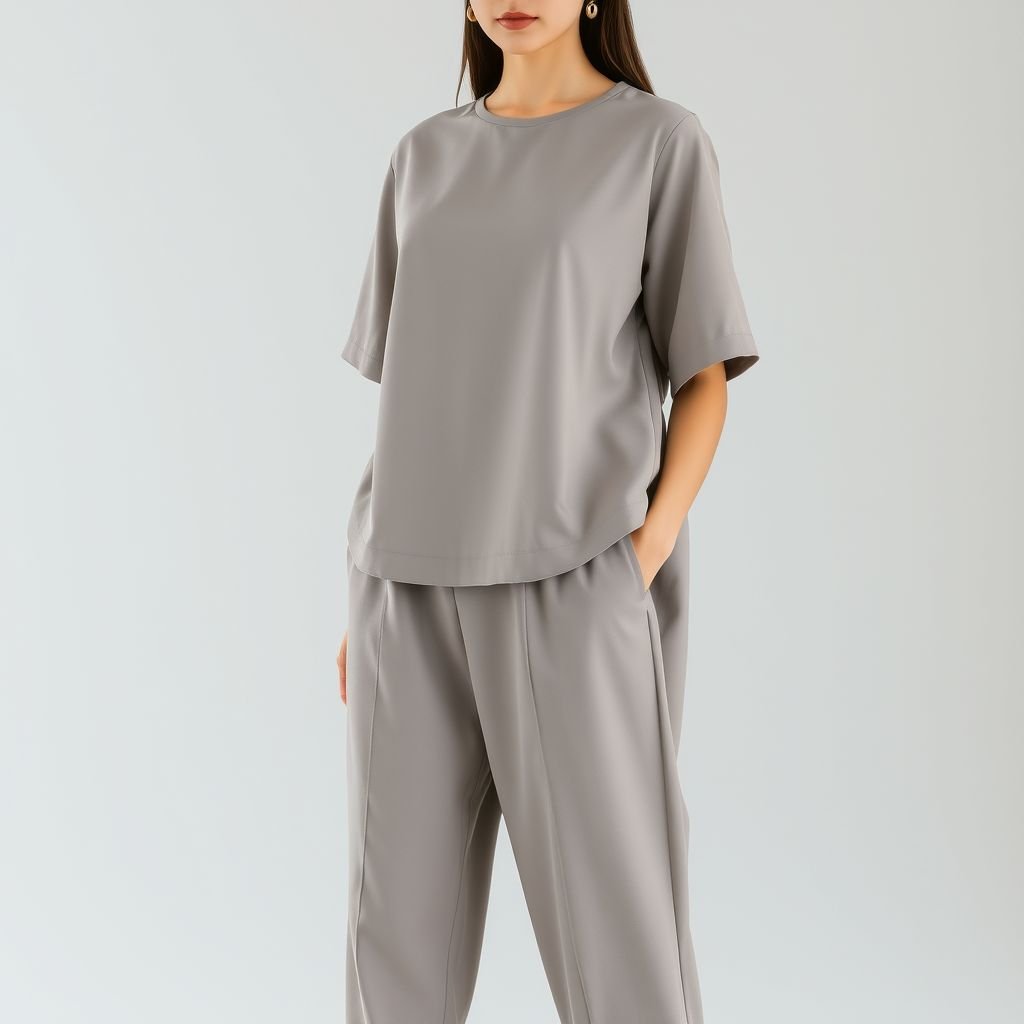 A grey colour modest to Peace for women that has a round neck short sleeve fitted blouse and a three-quarter trouser trouser that is a little free and then the edge of the trouser I think from the tie side of the trouser to the length of the trouser is splitted
A soothing grey modest outfit for women, featuring a round neck, elegant short sleeve fitted blouse. The three-quarter trousers exude a relaxed fit, gracefully draping down. Side slits enhance movement, adding a sense of fluidity. Delicate stitching details accentuate the waist, blending comfort with subtle sophistication for an effortlessly chic appearance.