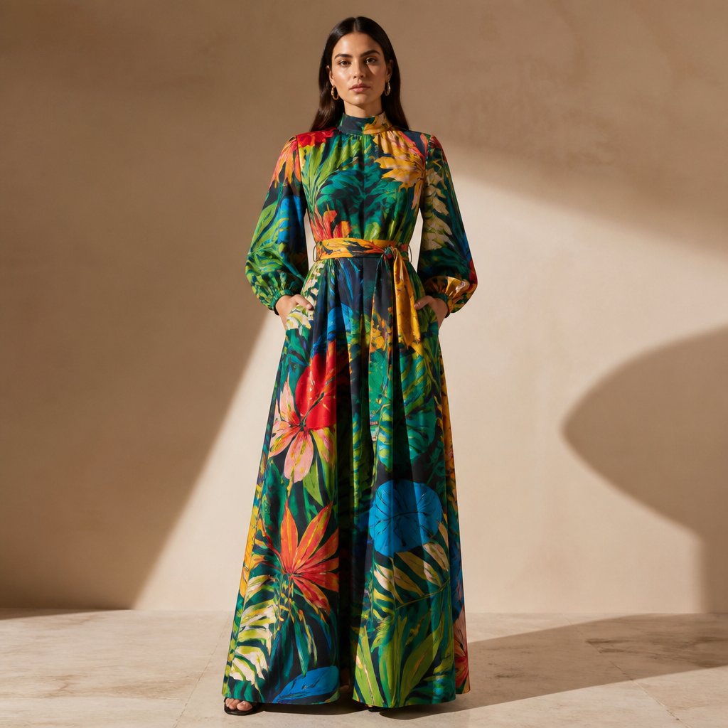 A Female Dress design, with modest, full coverage: longer hemlines, higher necklines and covered shoulders, suitable for Winter. Consider Brazilian fashion — bold colors, body-positive, beachwear influence, tropical prints, carnival vibrancy. Current season is Winter in Brazil. Present it as professional fashion catalogue photography: the garment is the subject, shown full-length with editorial styling, neutral posing and tasteful, non-suggestive framing.
photorealistic fashion design, A Female Dress design, with modest, full coverage: longer hemlines, higher necklines and covered shoulders, suitable for Winter. Consider Brazilian fashion — bold colors, body-positive, beachwear influence, tropical prints, carnival vibrancy. Current season is Winter in Brazil. Present it as professional fashion catalogue photography: the garment is the subject, shown full-length with editorial styling, neutral posing and tasteful, non-suggestive framing., just the design no text