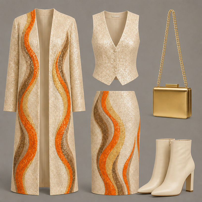Make the same outfit but change vest to cream color and boots
edit the attached fashion design with these instructions: Make the same outfit but change vest to cream color and boots. keep it photorealistic, just the design no text
