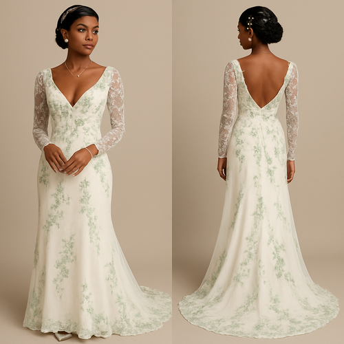 Black girl 
Finger waves with small flowers in hair 
Wedding dress
V cut at breast 
Long dress 
Long train 
Lace sleeves 
Green flower designs
Diamond ring on finger 
Diamond heart necklace 
Green eyeshadow 
Clear lipgloss 
Diamond earrings 
Diamond bracelet 
White heels with green pearls 
French tip nails with pearls 

