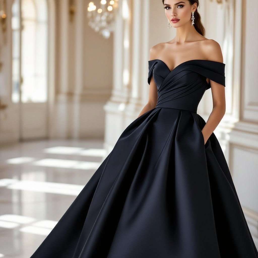This is a regal, couture-style ball gown designed for maximum elegance and grandeur. • Fabric: The dress is crafted from a rich, structured fabric—most likely Mikado silk or heavy satin—which has a natural luster and provides the necessary volume and architectural shape. The fabric is smooth and luminous, reflecting light subtly to enhance its luxurious effect. • Design & Silhouette: • The gown features a classic ball gown silhouette with a dramatically voluminous skirt that flares out from a cinched waist, creating a princess-like effect. • The bodice is off-the-shoulder, balancing sensuality with sophistication. Long fitted sleeves extend to the wrists, highlighting elegance and refinement. • The neckline is straight across, emphasizing the décolleté while maintaining a regal look. • Details & Embellishments: • The bodice is adorned with delicate beading or crystal embroidery, adding shimmer and texture. • The beadwork appears concentrated around the neckline and upper bodice, gradually blending into the plain fabric, ensuring a refined balance between ornamentation and simplicity. • The skirt is constructed with wide pleats that cascade outward, giving the gown volume, structure, and movement while maintaining a clean, architectural finish. • Train: The gown extends into a flowing chapel-length train, adding drama and a fairytale-like aura, ideal for grand entrances. • Overall Style: This gown embodies royal, timeless elegance. It combines the grandeur of a classic European ball gown with modern couture detailing, making it suitable for a wedding, gala, or any high-society occasion. Its luxurious fabric, clean lines, and balanced embellishments make it both majestic and sophisticated.
Quiet Luxury fashion: This regal ball gown exudes Quiet Luxury. Made from elegant silk or satin, it features a structured silhouette with a voluminous skirt and off-the-shoulder bodice. Subtle beadwork accents the neckline. Clean lines and architectural pleats create timeless sophistication, perfect for grand events.
