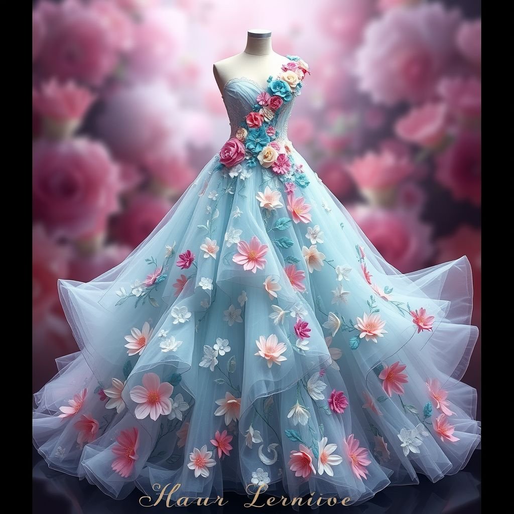 Let’s create a beautiful couture
Let’s create a breathtaking haute couture gown, featuring intricate hand-sewn floral appliqués cascading down a silk organza silhouette. Incorporate a dramatic, asymmetrical neckline and an ethereal train made of layered tulle. The color palette blends soft pastels with bold jewel tones, embodying a perfect fusion of elegance and artistry, ideal for a red-carpet event.
