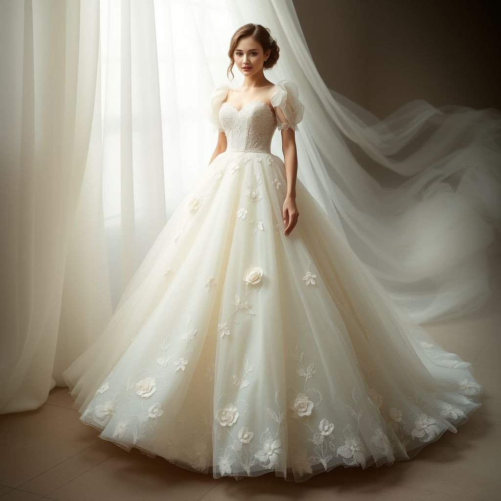 I want to a wedding dress that is inspired by a gardenia but also gives Princess vibes
Design an ethereal wedding dress that embodies princesscore aesthetics, featuring a billowing silhouette adorned with delicate gardenia motifs. The gown should have layers of soft, flowing tulle and lace, with a sweetheart neckline and puffed sleeves. Incorporate a flowing train embellished with subtle floral embroidery, evoking a whimsical garden fairytale.