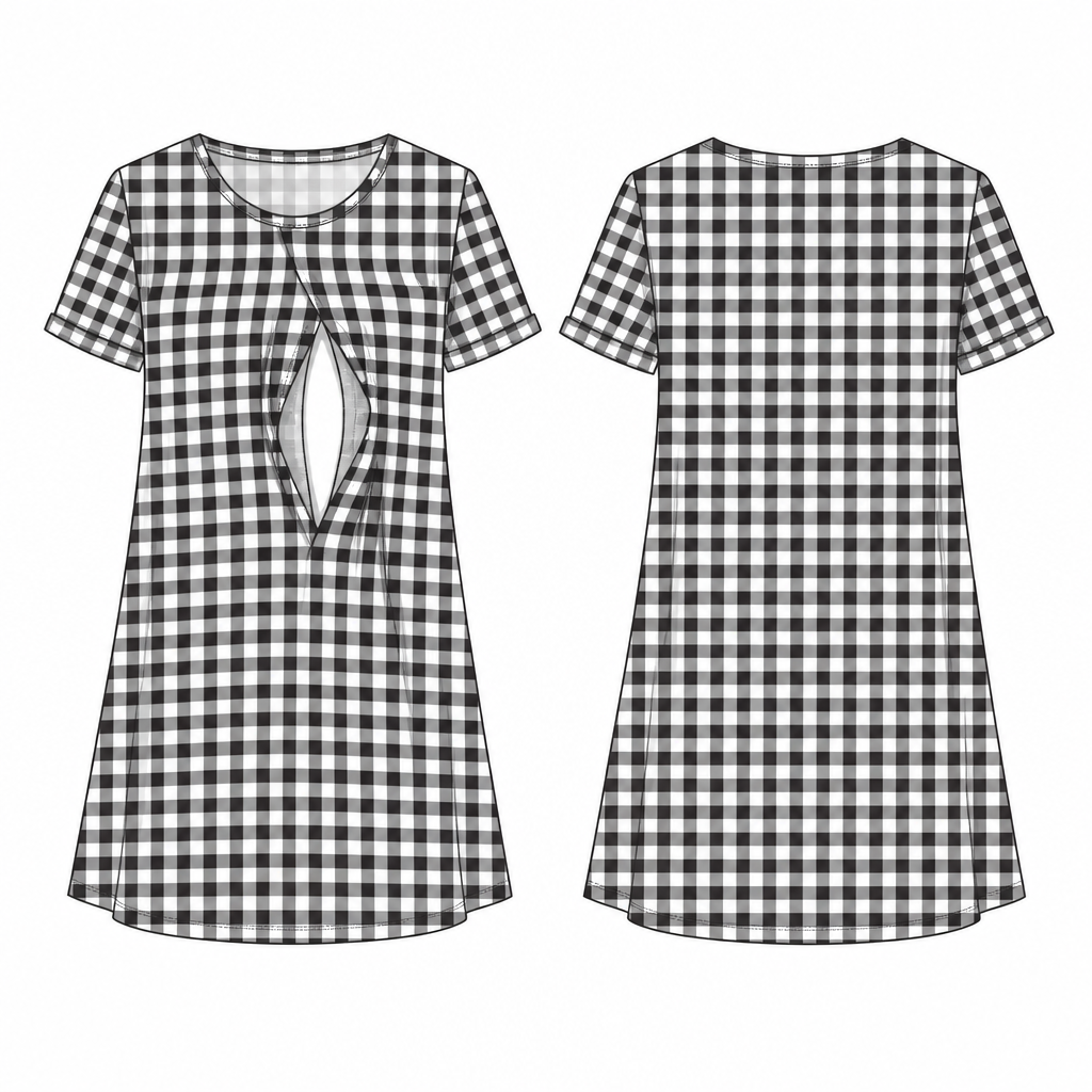 Create a professional black-and-white fashion design sketch of an A-line feeding top made from black and white checkered fabric. The top should have a comfortable A-line silhouette, slightly loose fit, and a stylish modest neckline. Include a practical hidden feeding opening at the front, designed neatly and discreetly without making it look bulky. Add short sleeves with a simple, elegant finish. Show the garment as a clean fashion illustration with clear outlines, visible check pattern, front view, minimal shading, and no model background. Make it look like an ADFD fashion-design assignment sketch, neat, simple, and easy to understand.
photorealistic fashion design, Create a professional black-and-white fashion design sketch of an A-line feeding top made from black and white checkered fabric. The top should have a comfortable A-line silhouette, slightly loose fit, and a stylish modest neckline. Include a practical hidden feeding opening at the front, designed neatly and discreetly without making it look bulky. Add short sleeves with a simple, elegant finish. Show the garment as a clean fashion illustration with clear outlines, visible check pattern, front view, minimal shading, and no model background. Make it look like an ADFD fashion-design assignment sketch, neat, simple, and easy to understand., just the design no text, show front and back