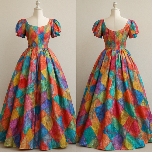 Create a colorful gown made from scrap fabric with iridescent touches