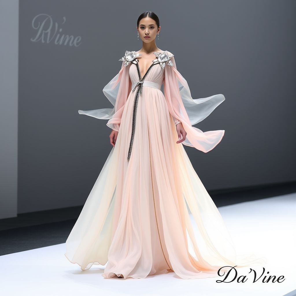 Create me a long runway dress, with big zipper brooches all over the dress, hanging all over it, put “Da’Vine” in the bottom right corner
Design an exquisite long runway dress that flows gracefully to the floor, crafted from silk chiffon in soft pastel hues. Adorn it with oversized, shimmering zipper brooches that cascade artistically across the fabric, adding a touch of avant-garde elegance. Embellish the piece with the signature “Da’Vine” in the bottom right corner, ensuring sophistication radiates from every angle.