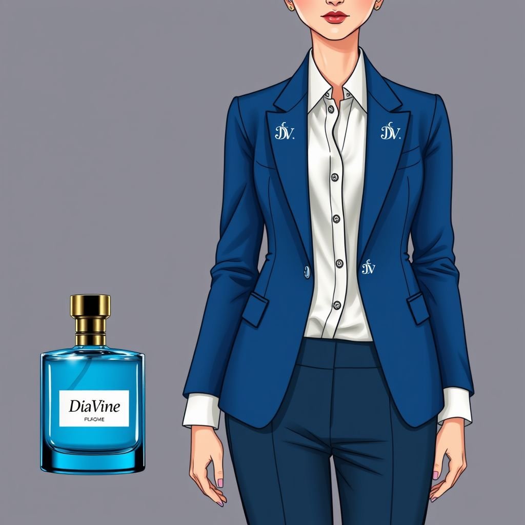 Blue eau de perfume bottle with the name “Da’Vine” on it. With DV on it.
Design a sophisticated business ensemble inspired by a blue eau de perfume bottle named “Da'Vine.” Envision a tailored blazer in deep azure, featuring intricate DV monograms subtly embroidered on the lapel. Complete the look with high-waisted trousers and a silk blouse, embodying elegance and professionalism perfect for a corporate setting.