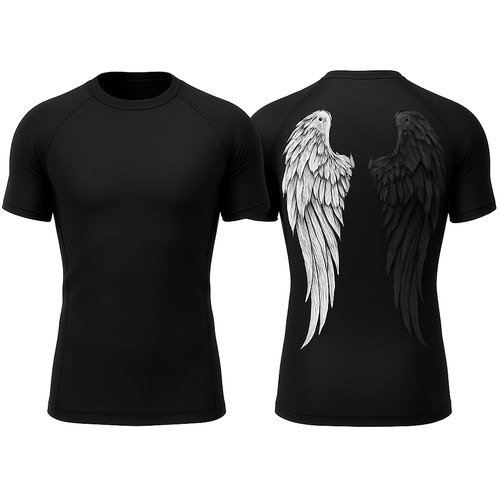 Black base compression fit short sleeve rash guard with angel wings in the back 

Make one wing white and the other black but lighter shade of black compared to the base color 

Make the black wing a little more of a lighter shade 

Still little more lighter 