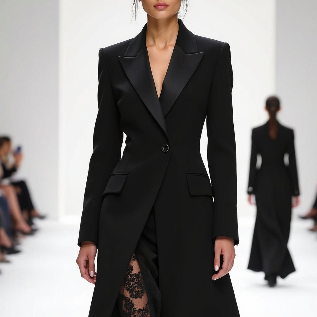 Abaya Blazer Design – Modern Black Edition • Outer Fabric: • Worsted Wool – Super Wool or Gabardine Wool in luxurious black. • A refined, structured fabric with a subtle sheen that highlights the sharp architectural lines of the design. • Inner Lining: • Bemberg Rayon or Silk Satin in black or dark grey for added comfort and sophistication. • Key Details: • A-Line cut tailored to ankle length (can be extended to floor length if desired). • Asymmetrical Blazer Closure: A wide fabric flap crossing the front, fastened with a single fabric-covered or metallic button. • Structured Shoulders: Strong, defined shoulders that emphasize a formal and powerful silhouette. • Minimalist Collar: An innovative half-open collar with a modern, unconventional aesthetic. • Hidden seams subtly contour the waistline, creating a sleek and refined shape. • Embroidery / Lace (Optional): • The design can remain completely plain in black for a bold, timeless look. • Alternatively, French lace panels in black can be added along the sides of the waist to create a slimming illusion and add a feminine touch. • Back Design: • The back is kept plain, with a small center slit at the hem to maintain the blazer identity and ensure ease of movement. ⸻ ✨ Result: A modern abaya blazer in luxurious black, featuring an asymmetrical closure, structured shoulders, and a contemporary collar. A perfect blend of power, formality, and sophistication, making it ideal for business events, formal occasions, and bold elegant looks.
Haute Couture fashion: Black wool abaya blazer. Structured shoulders, sharp collar. Asymmetrical front closure with button. Plain back, ankle length. French lace panels optional.