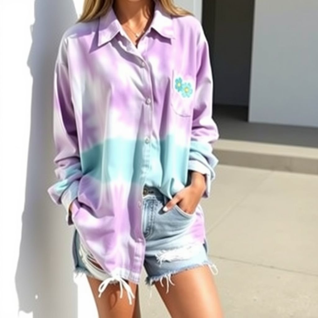 Designer shirt that a blue eyed blonde haired teen would wear
Design a chic, oversized button-up shirt featuring a pastel tie-dye pattern in soft lavender and teal. The fabric should be lightweight, perfect for layering. Add playful embroidered patches of whimsical flowers and stars around the chest area. Pair it with distressed denim shorts and chunky white sneakers for a trendy, carefree look.