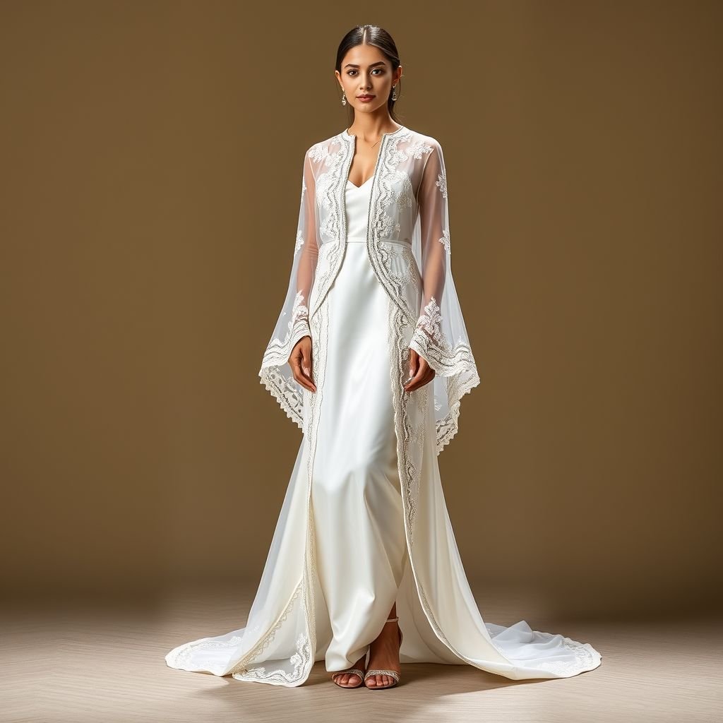 A translucent ethnic style white long shrug dress with
A translucent ethnic-style white long shrug dress featuring intricate hand-embroidered motifs inspired by traditional patterns. The gown has an elegant high-low hem, showcasing a sleek satin slip underneath. Delicate, flowing sleeves add sophistication, while a cinched waist highlights the silhouette. Complete the look with embellished heels and statement jewelry for a refined formal presentation.