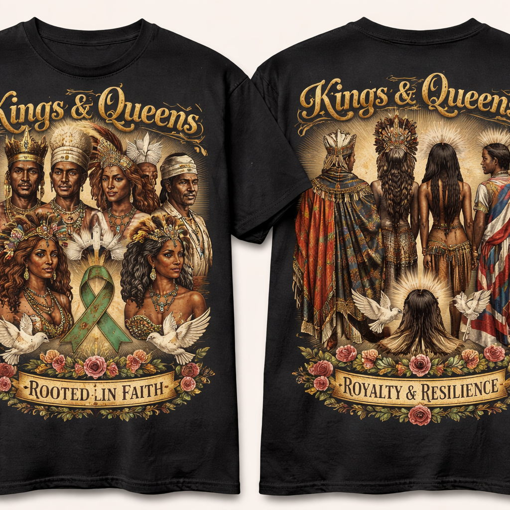 African kings, African queens, Native American kings, Native American queens, Boricua kings, Boricua queens, West Indian kings and queens, rooted in faith, mental health awareness
African kings, African queens, Native American kings, Native American queens, Boricua kings, Boricua queens, West Indian kings and queens, rooted in faith, mental health awareness , vintage style, show front and back