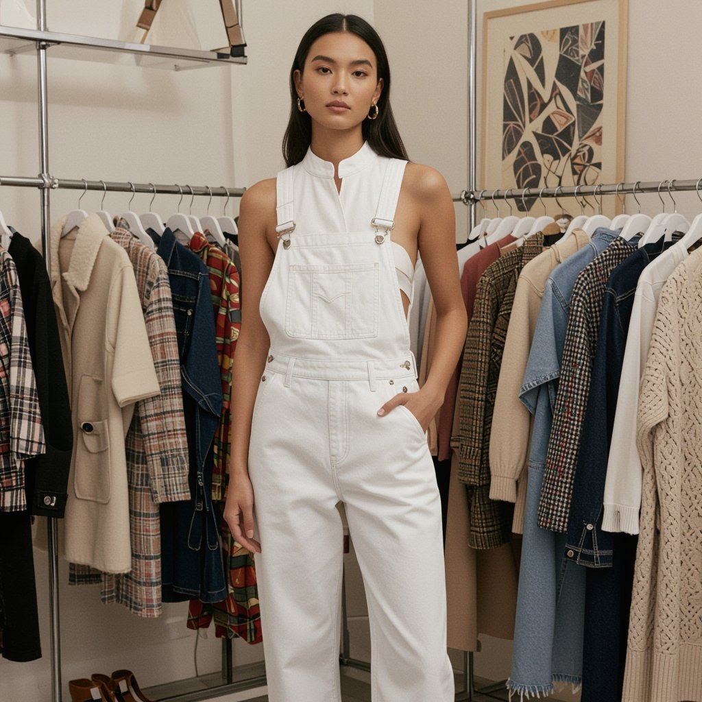 Overalls that fit the bride Bride height 1.58 meters, slim body, small chest - A cup. Long pants Completely open back with collar Slightly sexy front
White denim overalls, straight-leg cut, completely open back with a mandarin collar, and a subtly V-neck front.