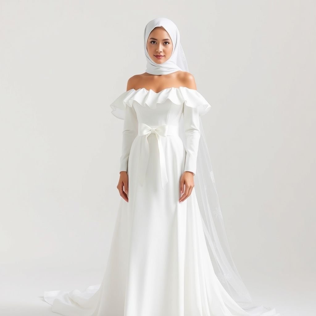A white simple long hijabi wedding dress with a bow belt at the back with cute shoulders and a white simple bride veil
Envision a minimalist long-sleeve hijabi wedding dress in pristine white, featuring delicate, off-the-shoulder ruffles that gracefully frame the face. A satin bow belt cinches the waist, exuding elegance. The flowing skirt drapes softly to the floor, complemented by a sheer, embroidered veil that trails gently behind, adding romance.