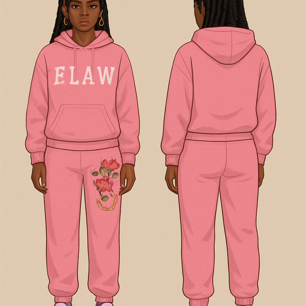 A pink jogging suit with the word F.L.A.W on the hoodie and the jogging pants with flowers surrounding the word a gold chain and gold hoop earrings and Nike shoes and box braids
A pink jogging suit with the word F.L.A.W on the hoodie and the jogging pants with flowers surrounding the word a gold chain and gold hoop earrings and Nike shoes and box braids , streetwear style, show front and back