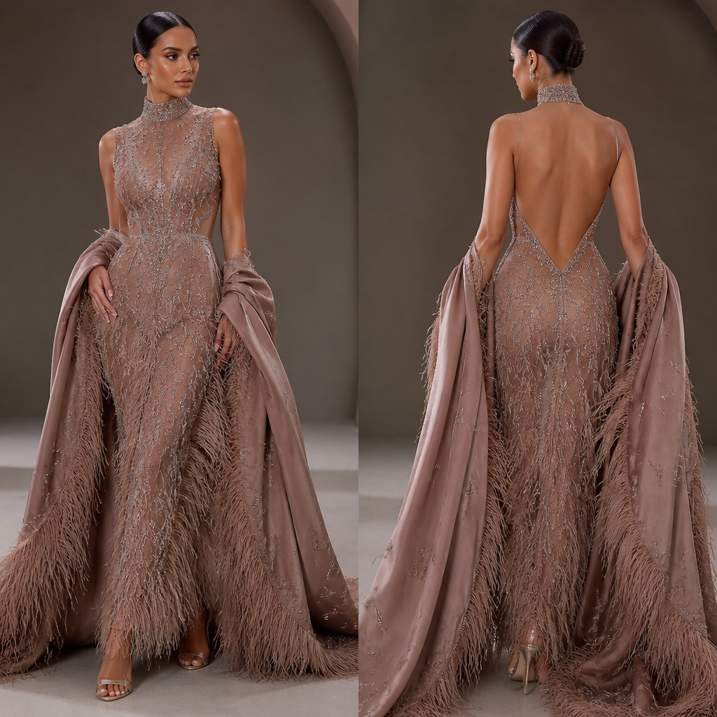 High collar gown back out , mocha color ankle length sheer ostrich feathers all the way down to the ankle with a shawl , ostrich , silk, rhinestone, sexy mocha color shoes
photorealistic fashion design, High collar gown back out , mocha color ankle length sheer ostrich feathers all the way down to the ankle with a shawl , ostrich , silk, rhinestone, sexy mocha color shoes , formal style, just the design no text, show front and back