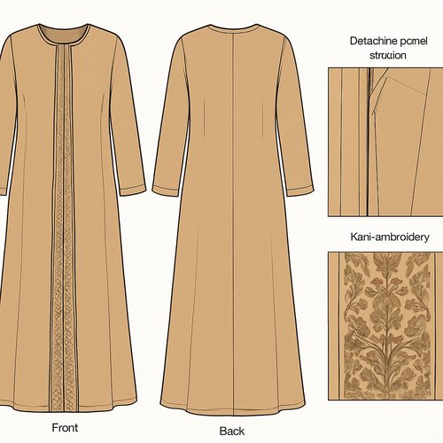 
Technical flat prompt (copy‑paste for image/AI tool)
"Draw a technical flat of a women's ankle‑length abaya in royal crepe fabric with fluid drape (light–medium weight). Final ankle length on a 170 cm model = 140 cm. Straight cut with light waist darts (2–4 darts, intake 1.5–3 cm) to keep the silhouette flowing. Long straight sleeves with a touch of ease at the cuff. Concealed round neckline. Front includes a detachable panel system (either one center panel or three panels: center + two side panels). Center panel width 40–50 cm; if three panels: center 35–45 cm, side panels 30–40 cm each. Hidden fastenings: flat concealed snap buttons at chest, waist and hem (total 5–7 attachment points). Light rolled hem finish and internal viscose lining. Hand‑stitched kani embroidery on panels only, embroidery density 30–60 stitches/cm² focused on panel edges and central motif. Color options: 1) Desert (warm beige), 2) Royal Green (deep olive with gold accents), 3) Rich Maroon. Soft white background. Include front flat, back flat, and close‑ups of panel & embroidery details. Style: fashion tech flat, high resolution, show fabric texture and drape."

Photorealistic render prompt (copy‑paste)
"Photorealistic render on a standing model (height 170 cm) wearing an ankle‑length royal crepe abaya (140 cm). Detachable front panels with hidden fastenings, long sleeves, concealed round neckline, and light waist darts. Hand‑stitched kani embroidery on the panels only, density 30–60 stitches/cm². Show fabric movement (drape and subtle sway) as the model takes a small step. Soft natural studio lighting, neutral backdrop. Include front three‑quarter view plus close‑ups of panel attachment and embroidery. High detail, aspect ratio 2:3, high resolution."

Short tech pack (attach to manufacturer or design brief)
- Style name: Kanava Luxe — Royal Crepe Abaya (detachable kani panels).  
- Fabric: royal crepe, 110–150 g/m². Lining: light viscose.  
- Length: ankle = 140 cm on 170 cm model (adjustable).  
- Panel options:  
  - Single center panel: 40–50 cm wide.  
  - Three‑panel system: center 35–45 cm; side panels 30–40 cm each.  
- Fastenings: 5–7 hidden flat snap points (chest, waist, hem). Reinforce with internal attachment strips.  
- Darts: 2–4 waist darts, intake 1.5–3 cm.  
- Embroidery: hand kani on panels only; density 30–60 stitches/cm²; back with organza/interfacing for stability.  
- Finish: light double‑turned hem; full lining recommended for comfort. Packaging: box + dust bag.  
- Care: dry clean only for embroidered pieces.  
- Production note: produce prototype and embroidery strike‑off before bulk run.