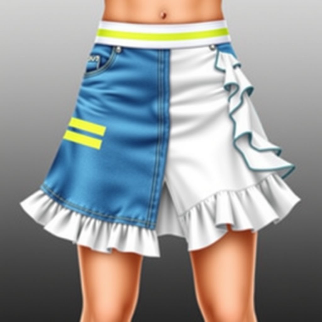 Make me a sporty skirt that resembles adidas, but add a different logo, for my brand called “Da’Vins”except add “DV” on it, put 2 stripes and make half of the skirt jean and the other half stretchy and add a little ruffles. The skirt should also look like a tennis skirt. Do a lime green and light blue with white
Design a stylish sporty skirt for “Da’Vins,” blending Adidas-inspired aesthetics with a unique twist. Feature “DV” prominently, flanked by two bold stripes. Split the skirt: one half in denim, the other in stretchy fabric, accented with playful ruffles. Incorporate a vibrant color scheme of lime green and light blue with crisp white for a dynamic, tennis-inspired look, perfect for on-court energy and off-court chic.