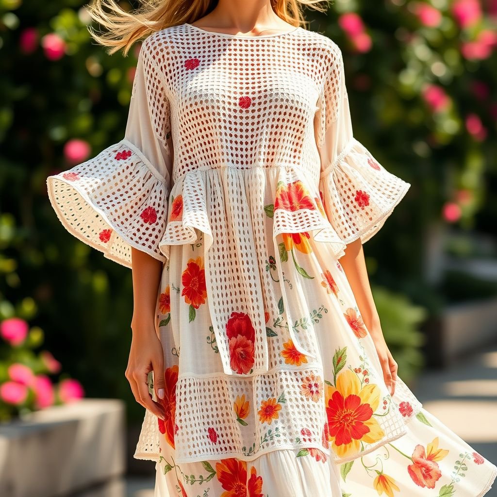 שמלת קיץ בהשראת פשוטה קלילה מאוד מבד מחורר
Design a breezy summer dress crafted from lightweight, perforated fabric, embodying the essence of warmth and leisure. The dress features flowing, tiered layers that dance with the breeze and playful, oversized sleeves. Vibrant floral prints adorn the fabric, capturing sun-kissed days, while a cinched waist highlights a relaxed yet stylish silhouette.