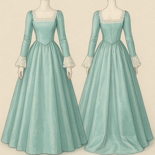 a modern long sleeved light greenish blue dress. flowy white lace flowing at the end of the slevees and a square collar neck. lace outlines the square collar. the dress needs to be ball gown length but satin material. 

