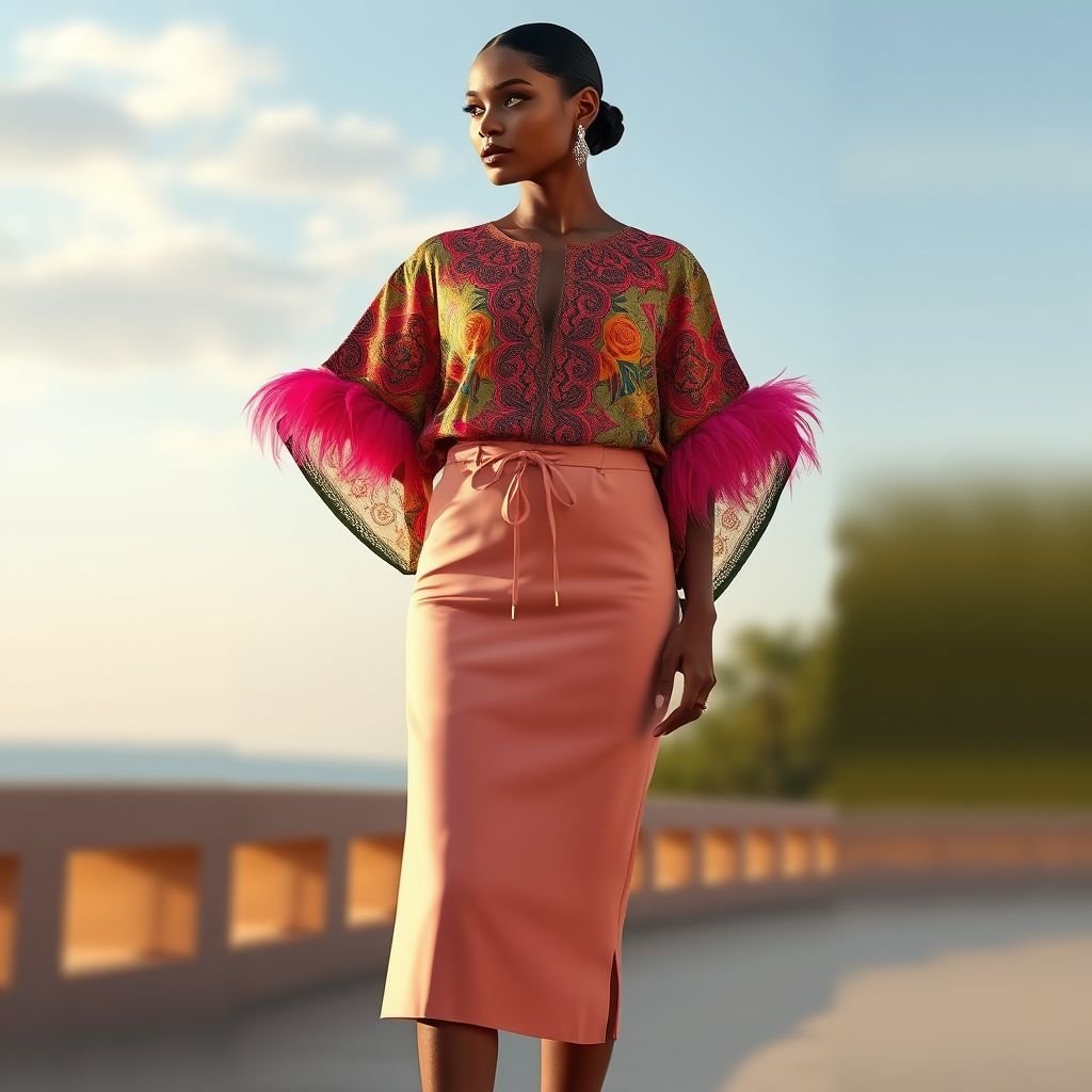 A 2 piece which is a straight skirt (plain) and free bubu kaftan knee length top (patterned) a little pencil at the bottom with rope inside for fitting. Sleeve edge with feathers while the front of the bubu kaftan is with appliqué to full length
Design an exquisite two-piece ensemble exuding glamour: a sleek, plain straight skirt paired with a knee-length bubu kaftan top, vibrant in patterns. The skirt features a chic pencil detail with an adjustable rope for a perfect fit. Opulent feather embellishments adorn the sleeve edges, while intricate appliqué cascades elegantly down the kaftan front, embodying sophistication and allure.