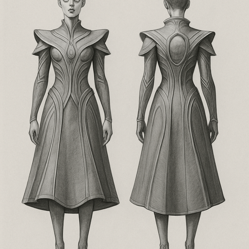 Create me a Women’s Unique Alien wear design dress. It should be below the knees (mid calf length). Runway designed. 
