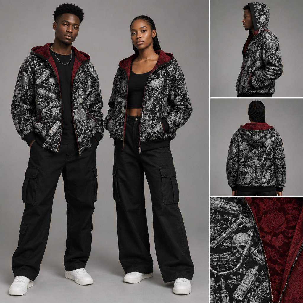 A Unisex Top design, suitable for Summer. for the black part make it :Overall Style: The image features a dense, detailed, black-and-white, doodle-style illustration or pattern set against a dark background.
Content: The artwork consists of a chaotic arrangement of various tools, equipment, skulls, text elements (such as "Back Pocket"), and mechanical components packed closely together.
Visual Elements: Specific recognizable items visible among the clutter include power drills, utility knives, cables, mechanical parts, and small skulls, all rendered with heavy shading and linework.
for the white part and interior of the hoodieColor: A deep, dark maroon or burgundy red.
Pattern: An all-over floral pattern featuring embossed or textured roses and leafy accents.
Texture: The surface appears to be a heavy, textured fabric (such as jacquard, damask, or heavy velvet) with a tactile, dimensional quality. Kenya fashion aesthetics. Present it as professional fashion catalogue photography: the garment is the subject, shown full-length with editorial styling, neutral posing and tasteful, non-suggestive framing.
photorealistic fashion design, A Unisex Top design, suitable for Summer. for the black part make it :Overall Style: The image features a dense, detailed, black-and-white, doodle-style illustration or pattern set against a dark background.
Content: The artwork consists of a chaotic arrangement of various tools, equipment, skulls, text elements (such as "Back Pocket"), and mechanical components packed closely together.
Visual Elements: Specific recognizable items visible among the clutter include power drills, utility knives, cables, mechanical parts, and small skulls, all rendered with heavy shading and linework.
for the white part and interior of the hoodieColor: A deep, dark maroon or burgundy red.
Pattern: An all-over floral pattern featuring embossed or textured roses and leafy accents.
Texture: The surface appears to be a heavy, textured fabric (such as jacquard, damask, or heavy velvet) with a tactile, dimensional quality. Kenya fashion aesthetics. Present it as professional fashion catalogue photography: the garment is the subject, shown full-length with editorial styling, neutral posing and tasteful, non-suggestive framing., just the design no text
