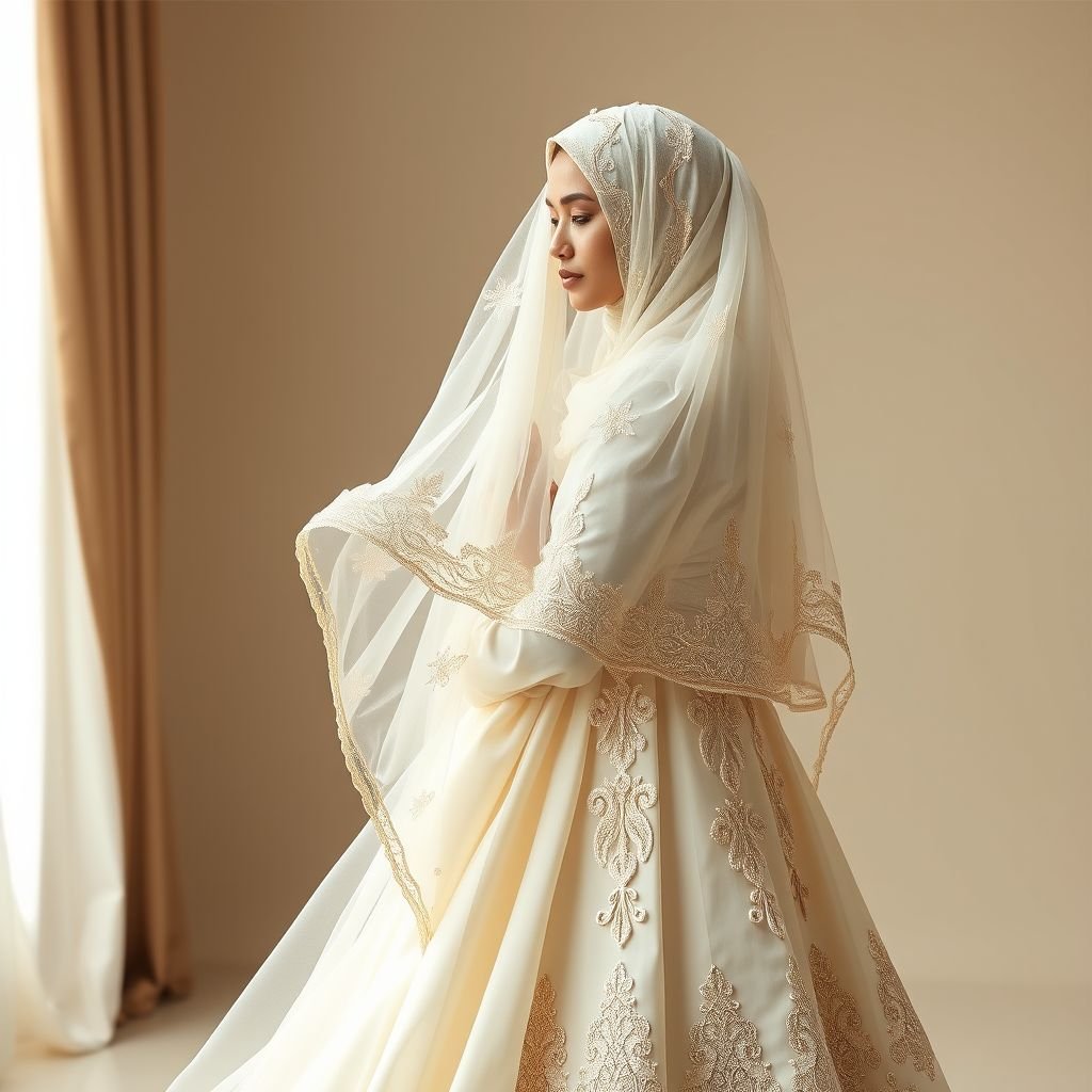 Ethereal wedding gown with somali culture
Design an ethereal wedding gown that blends traditional Somali elements with modern elegance. Incorporate intricate hand-embroidered patterns inspired by Somali textiles, flowing layers of lightweight chiffon and silk draping gracefully. Add a stunning hijab made of sheer lace, adorned with delicate beads, creating a harmonious balance of culture and contemporary beauty.