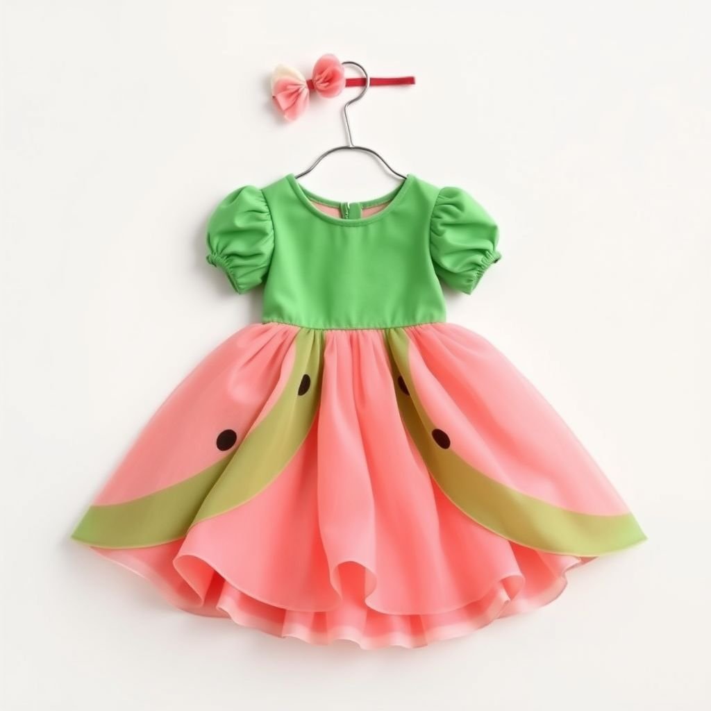 Watermelon inspired baby girl dress
Design a whimsical baby girl dress inspired by watermelon, featuring a playful A-line silhouette typical of Korean fashion. Incorporate a vibrant green bodice with delicate puff sleeves, while the skirt boasts layers of soft, ruffled fabric in shades of pink, mimicking watermelon flesh. Finish with a cute, matching headband adorned with tiny, embroidered seeds.