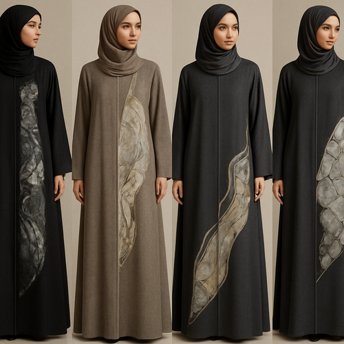 Create a modest abaya that's the first of its kind, featuring a unique stone design that exudes a classy and sophisticated vibe. I'd like four designs, each showcasing different styles and fabrics.
Incorporate high-end, unique chic stone designs to make them truly special. Add a little sophisticated stone work to it.