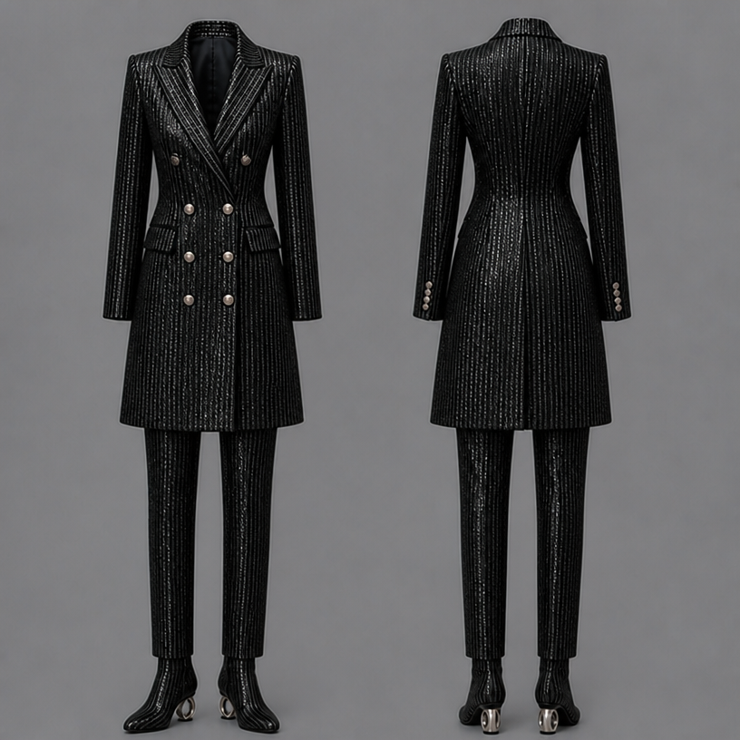 Make the jacket longer and add
edit the attached fashion design with these instructions: Make the jacket longer and add. keep it photorealistic, just the design no text