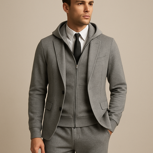 
Sweatsuit mixed with buisness suits but still sport with vest instead in jacket, no hoodie