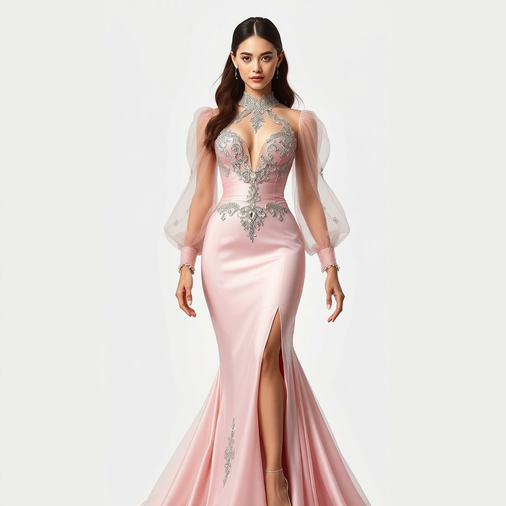 Dress with high neck and little puff long sleeve chiffon transparent until the bust. and a nude lining extending from the heart-shaped neckline to the fitted skirt. From bust to the waist adorned with dazzling sparkling lines (same as miss competition evening gown performance)pink layers color above the nude lining . And high neck and sleeves adorned with dazzling sparkling lines. From waist to toe. draped on the waist only plain satin skirt with a high leg split that reveals the dazzling on lines on above transparent chiffon
Create an enchanting evening gown that exudes elegance and drama. Featuring a high neck and delicate puff long sleeves, the sheer chiffon invites intrigue with its transparent allure. The heart-shaped neckline boasts a nude lining, while sparkling embellishments radiate from the bust to a fitted skirt, layered in soft pink hues. The drama continues with a satin skirt that drapes fluidly, accentuated by a daring high leg split, unveiling exquisite designs beneath the chiffon. The overall look combines classic sophistication with modern flair, perfect for the spotlight of any gala or competition.