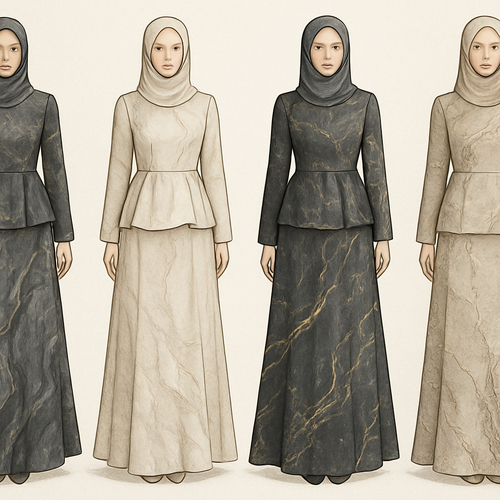 Create a modest two piece dress, first of its kind, featuring a unique stone design that exudes a classy and sophisticated vibe. I'd like four designs, each showcasing different styles and fabrics. Incorporate high-end, unique chic stone designs to make them truly special. Add little sophisticated stone designs. Make it irresistible with designs that stands out.