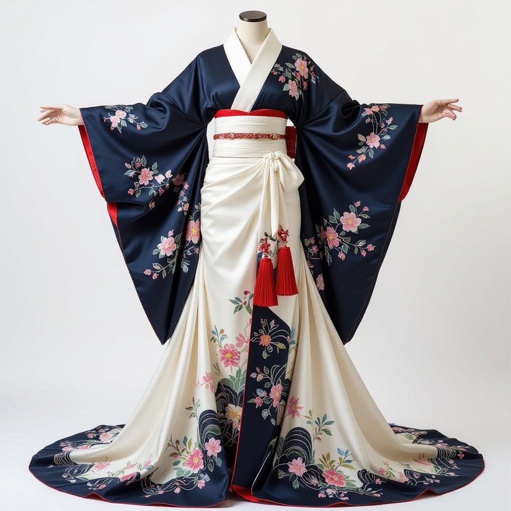 Huge Wedding dress Japanese style
Huge, flowing silk wedding dress in a Japanese style, featuring wide, voluminous sleeves and an obi sash.