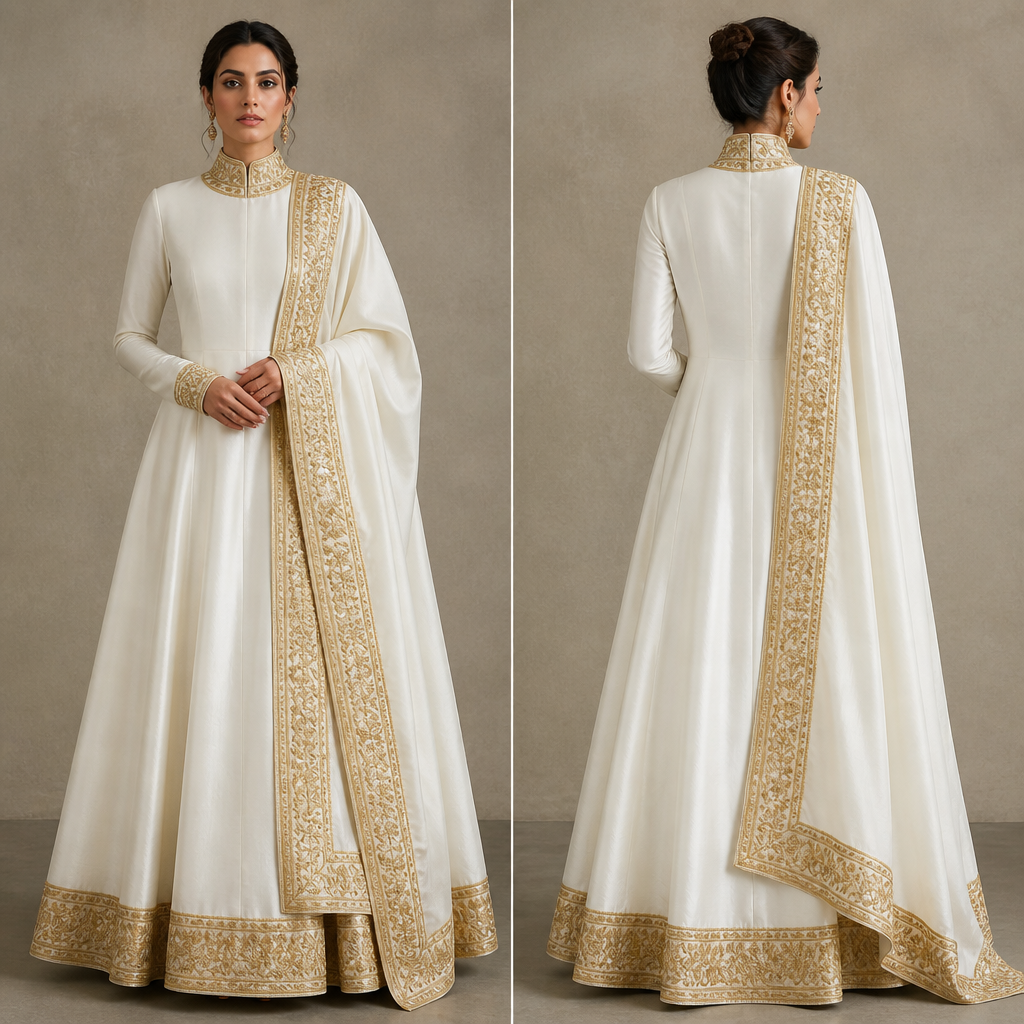 A Female Dress design, made of Silk. A high neck design gown and at the high neck there are beutiful work of gold colour and the colour of the gown is white and the gown is full sleeve and it's length is full covered mean foots don't show and there was a dupatta with gold colour border design same as neck design but the border design is like 5 inches and same border at sleeves end and frock bottom and full sleeve dress and the fabric is thick silk
photorealistic fashion design, A Female Dress design, made of Silk. A high neck design gown and at the high neck there are beutiful work of gold colour and the colour of the gown is white and the gown is full sleeve and it's length is full covered mean foots don't show and there was a dupatta with gold colour border design same as neck design but the border design is like 5 inches and same border at sleeves end and frock bottom and full sleeve dress and the fabric is thick silk, just the design no text, show front and back