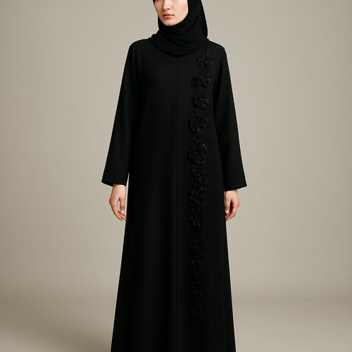The Classic Floral Side-Line Abaya
Tone: Jet Black Design: A straight line of delicate 3D flowers + stones running down one side only. Why it will sell: Very slimming, minimal, elegant — perfect for everyday + occasions.