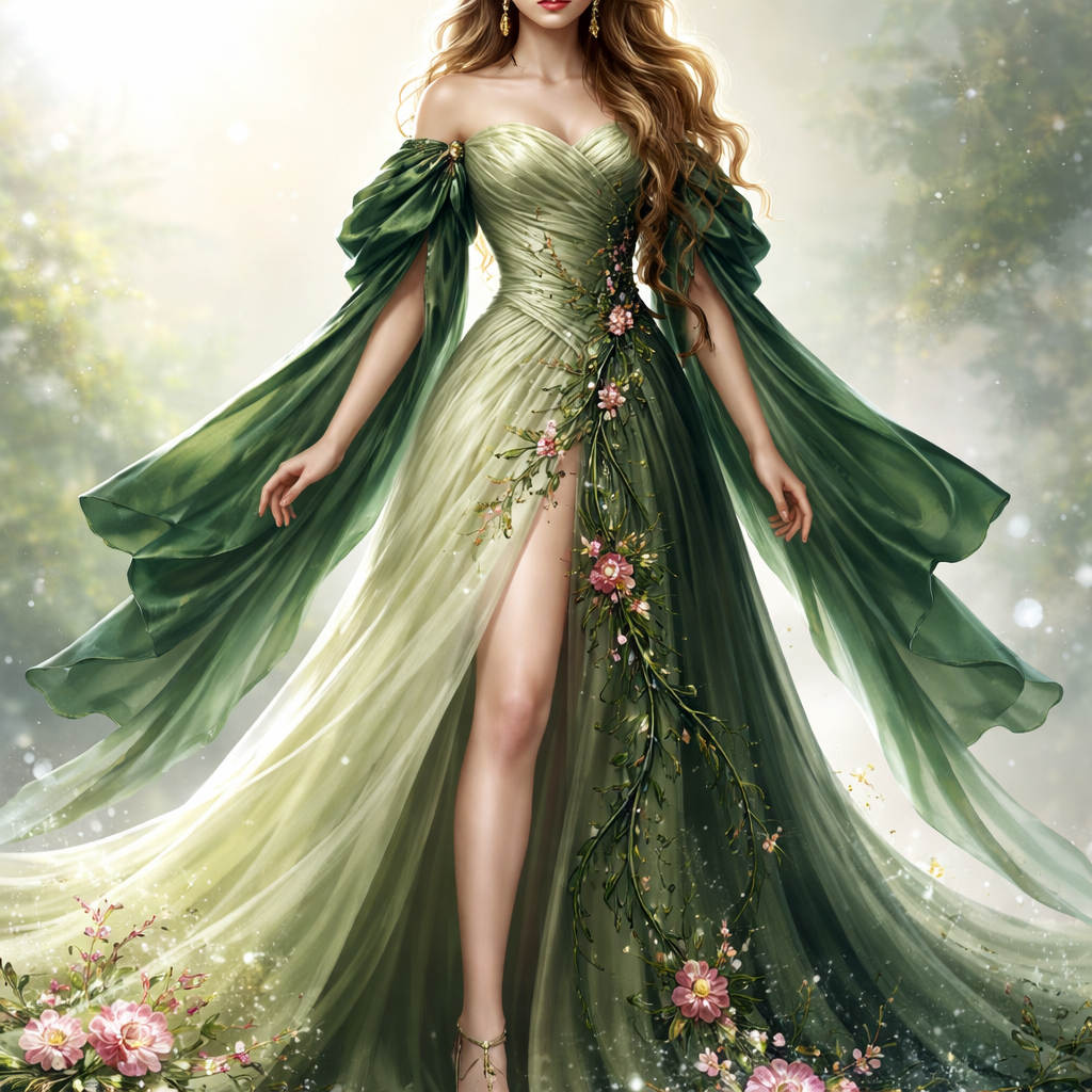 Her sleeves are Dark green silk draped elegant sleeves that kinda look like leaves her top has a crunch and vines go down the right side of her skirt is light green and flowy and the other half is a more darker green with vines and sown in dark green strips and at the bottom their are pink flowers
Her sleeves are Dark green silk draped elegant sleeves that kinda look like leaves her top has a crunch and vines go down the right side of her skirt is light green and flowy and the other half is a more darker green with vines and sown in dark green strips and at the bottom their are pink flowers