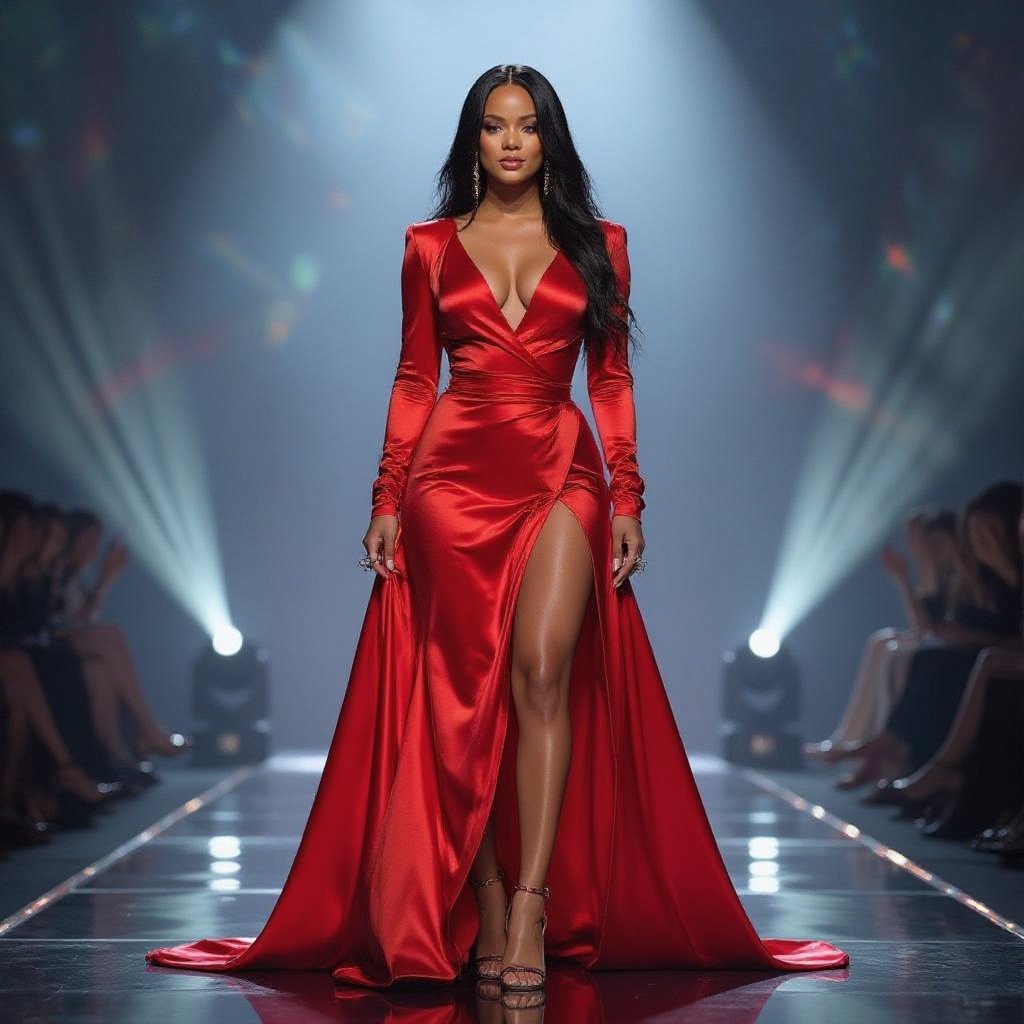 Poppy,fun and sexy famous singer Rihanna on stage performing
Poppy, fun, and sexy famous singer Rihanna on stage performing, wearing a shimmering red satin gown with a high slit, a plunging neckline, and long sleeves.