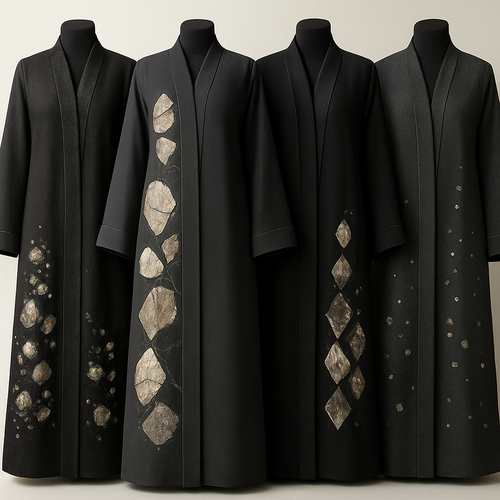 Create a modest abaya, first of its kind, featuring a unique stone design that exudes a classy and sophisticated vibe. I'd like four designs, each showcasing different styles and fabrics. Incorporate high-end, unique chic stone designs to make them truly special. Add little sophisticated stone designs. Make it irresistible for customers 