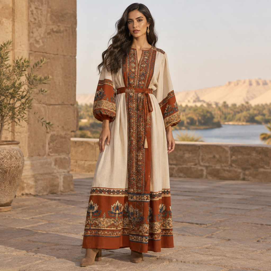 A Female Dress design, suitable for Fall. Consider Egyptian fashion — flowing silhouettes, vibrant colors, cotton and linen traditions, modest yet elegant. Current season is Autumn in Egypt. Present it as professional fashion catalogue photography: the garment is the subject, shown full-length with editorial styling, neutral posing and tasteful, non-suggestive framing.
photorealistic fashion design, A Female Dress design, suitable for Fall. Consider Egyptian fashion — flowing silhouettes, vibrant colors, cotton and linen traditions, modest yet elegant. Current season is Autumn in Egypt. Present it as professional fashion catalogue photography: the garment is the subject, shown full-length with editorial styling, neutral posing and tasteful, non-suggestive framing., just the design no text