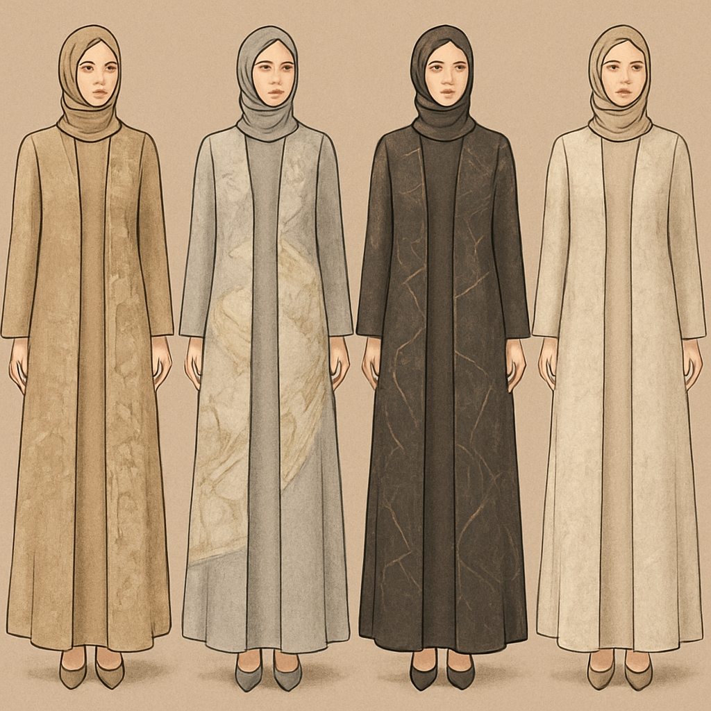 Create a modest two-piece linen abaya, the first of its kind, featuring a unique stone design that exudes a classy and sophisticated vibe. I’d like four designs, each showcasing different styles and fabrics. Incorporate high-end, unique chic stone designs to make them truly special. Add little sophisticated stone designs.

Create a modest two-piece linen abaya, the first of its kind, featuring a unique stone design that exudes a classy and sophisticated vibe. I’d like four designs, each showcasing different styles and fabrics. Incorporate high-end, unique chic stone designs to make them truly special. Add little sophisticated stone designs.